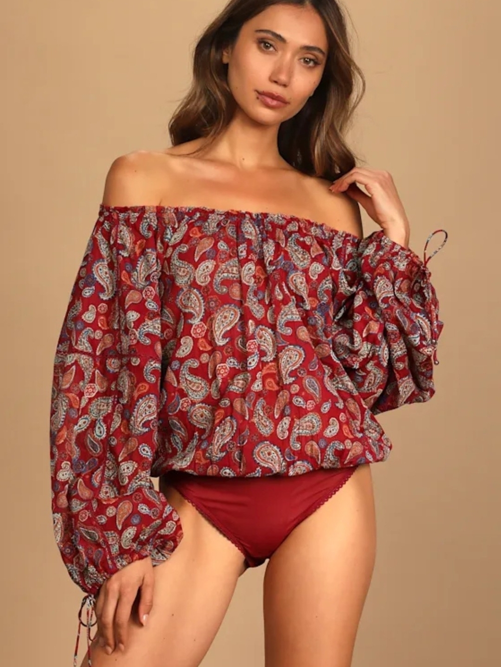 Free People Sundown On/Off-Shoulder Red Paisley Peasant Bodysuit